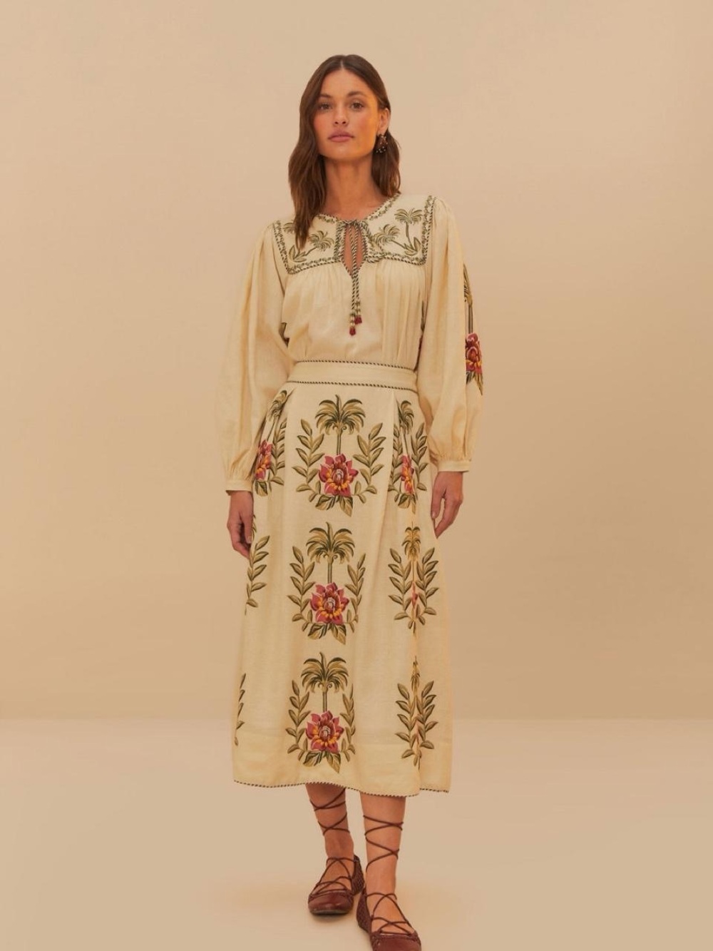 EUC FARM RIO Tropical Flower Embroidered Sand Maxi Skirt